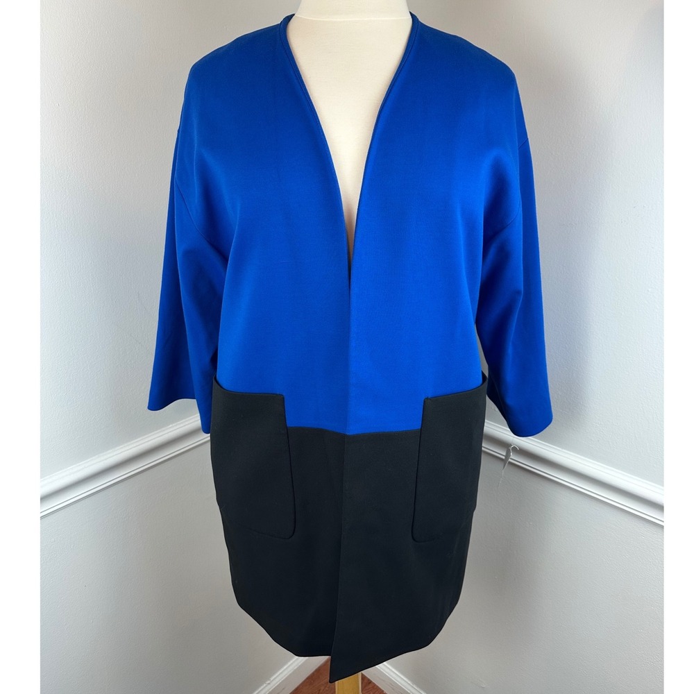 CALVIN KLEIN Women's Blue & Black Colorblock Long Open-Front Jacket NWT | XL